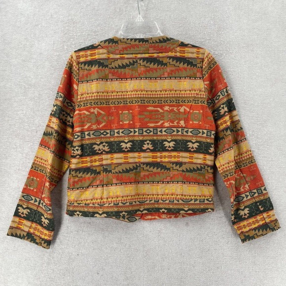 Chicos Jacket Womens Size XS Cropped Aztec Print Tan Red Green Metal Buttons - Picture 2 of 13